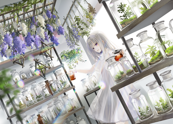 Anime girl with silver hair and purple eyes in a plant shop