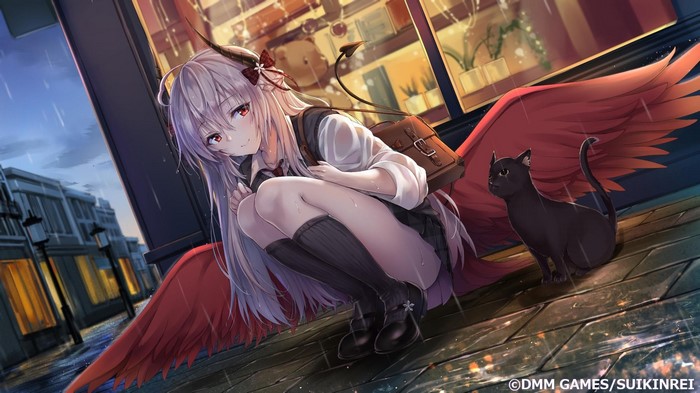 Anime girl with wings and cat in the rain