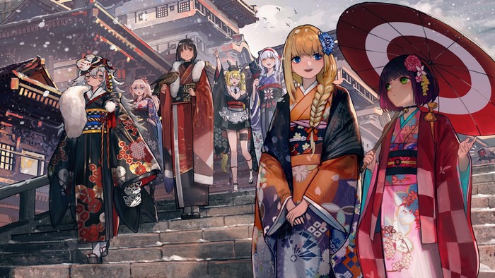 Girls Frontline characters in Japanese clothes on stairs