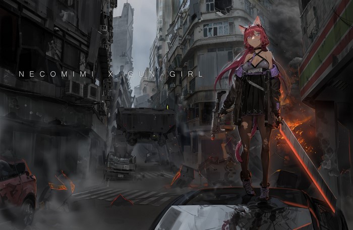 Redhead Cat Girl with Sword and Gun in Destroyed City