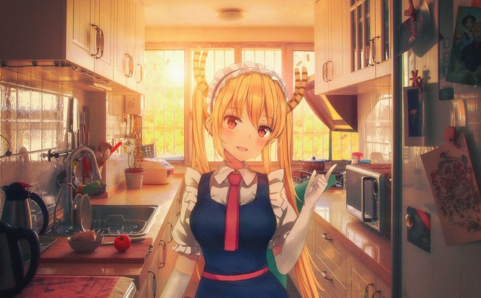 Tooru from Kobayashi-san Chi no Maid Dragon in a kitchen