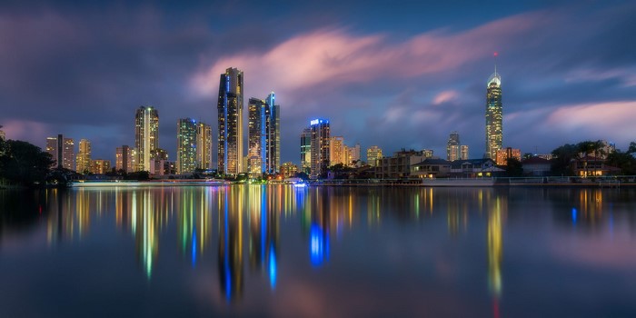 Gold Coast skyline at night with reflections in the water