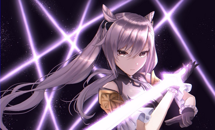 Keqing from Genshin Impact with a glowing sword