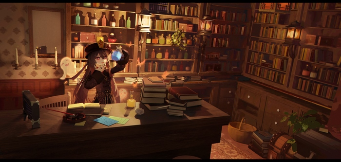Hu Tao in a dimly lit study with bookshelves