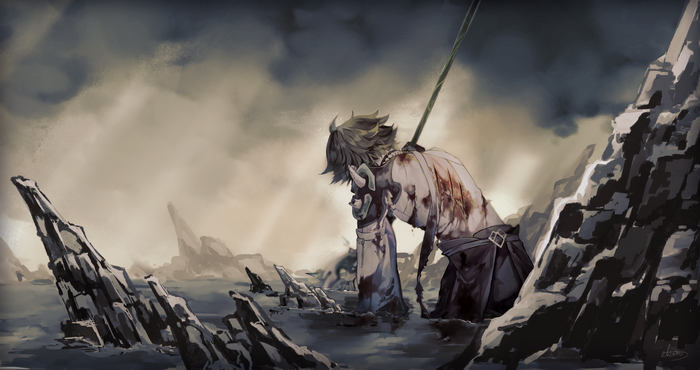 Xiao from Genshin Impact in a desolate landscape