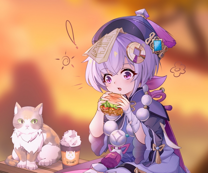 Qiqi eating a burger with a cat