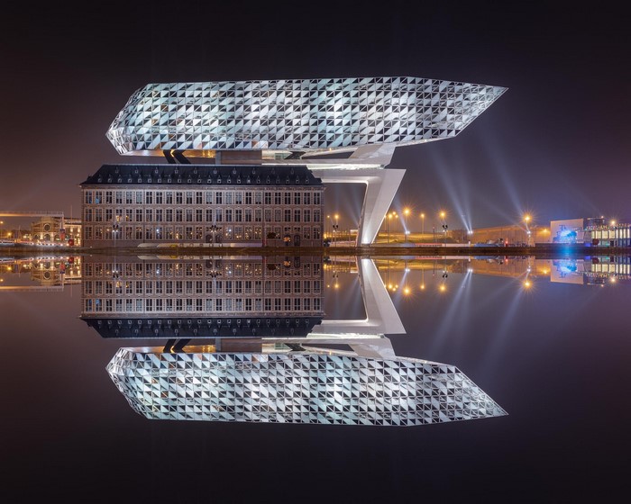 Port Authority Building Antwerp Belgium Reflection at Night