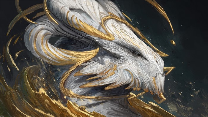 Fantasy creature artwork with gold and white accents