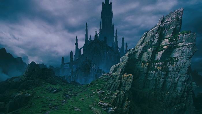 Dark fantasy castle on rocky mountains under cloudy sky
