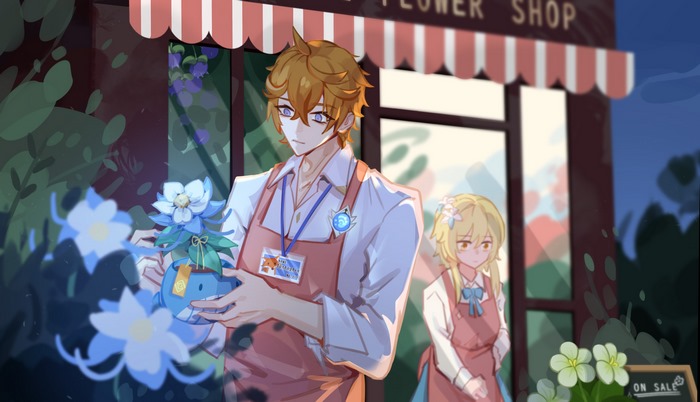 Tartaglia and Lumine at a flower shop