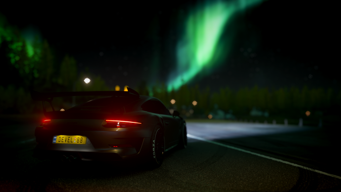 Porsche 911 GT2 RS in Forza Horizon 4 under Aurora Borealis