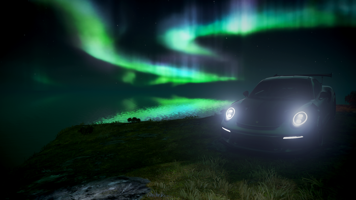 Porsche 911 under Aurora Borealis