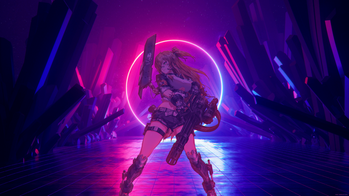 Anime girl with Gatling gun in neon landscape