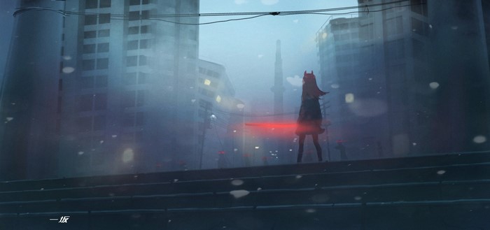 A character from Punishing: Gray Raven stands on stairs in a city