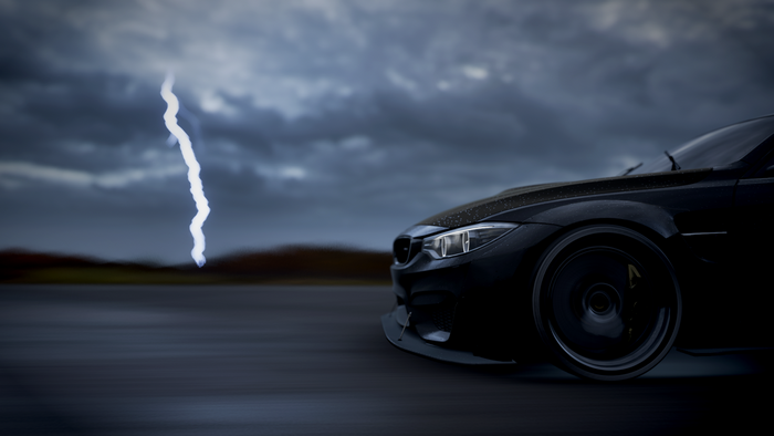 Black BMW M4 in a storm with lightning