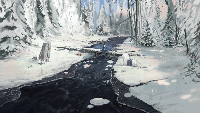 Fantasy creature and angel in a snowy forest by a river