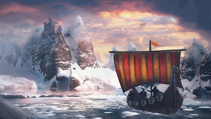 Viking longship sailing past snowy mountains with a castle