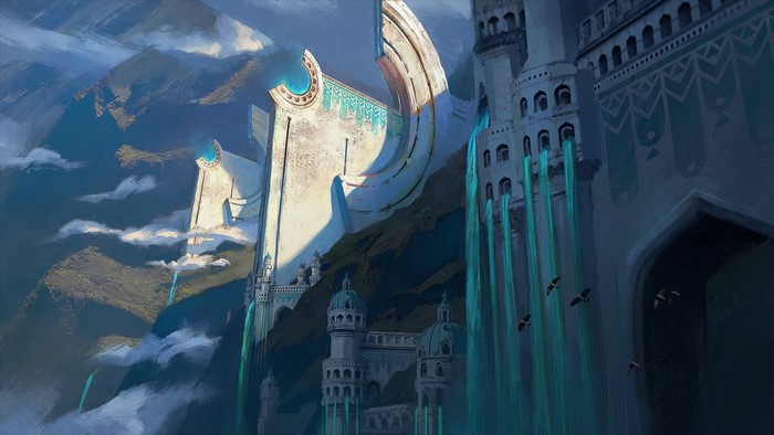 Fantasy castle architecture with waterfalls and mountains