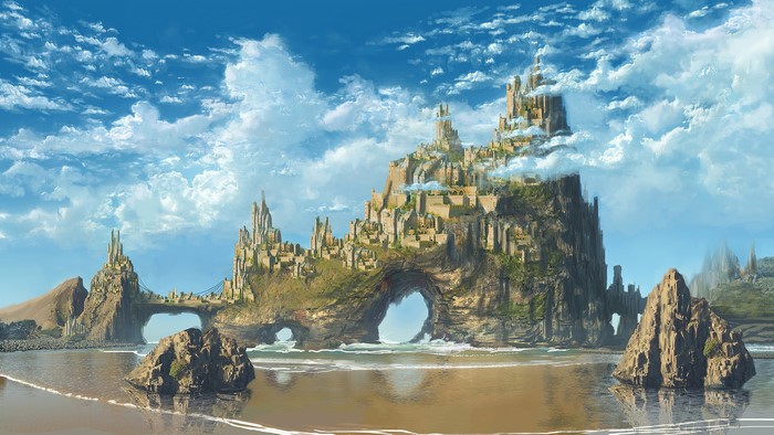 Fantasy city built on rocky islands by the sea