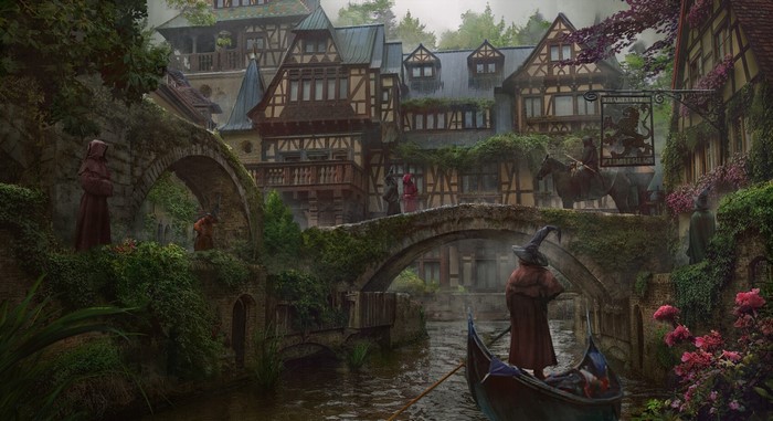 Medieval fantasy village with monks and a gondola