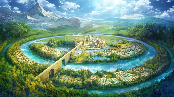 Fantasy city with castle and bridge surrounded by river and mountains