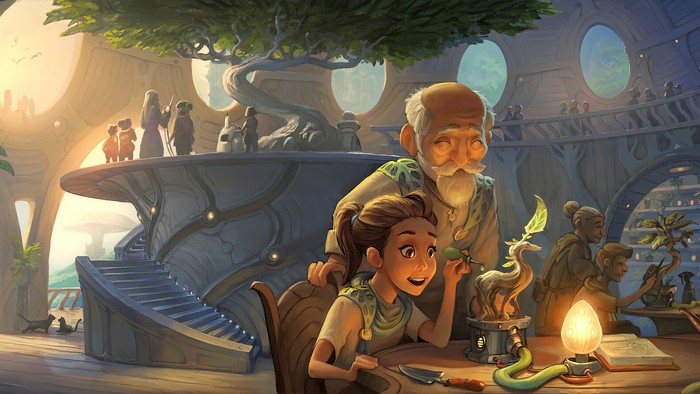 Fantasy art of people in a futuristic treehouse