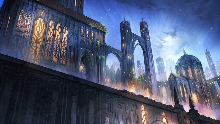 Fantasy city architecture at night