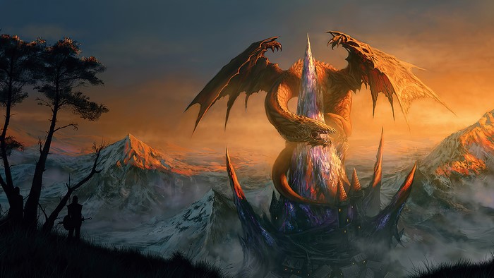Dragon coiled around a crystal tower in a mountain landscape