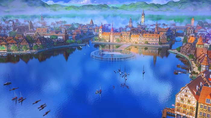 Fantasy town with lake and boats