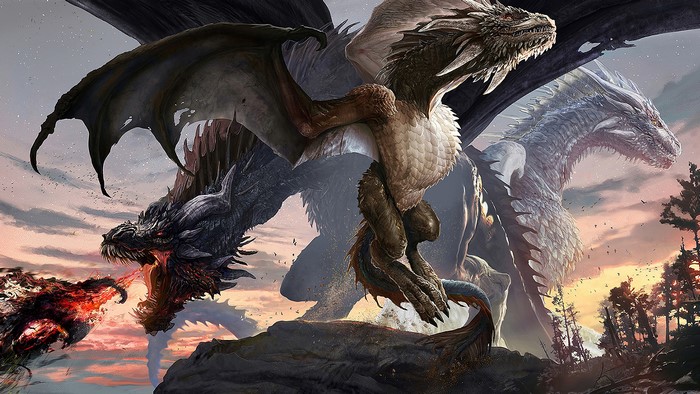 Artwork of three dragons in a fantasy setting