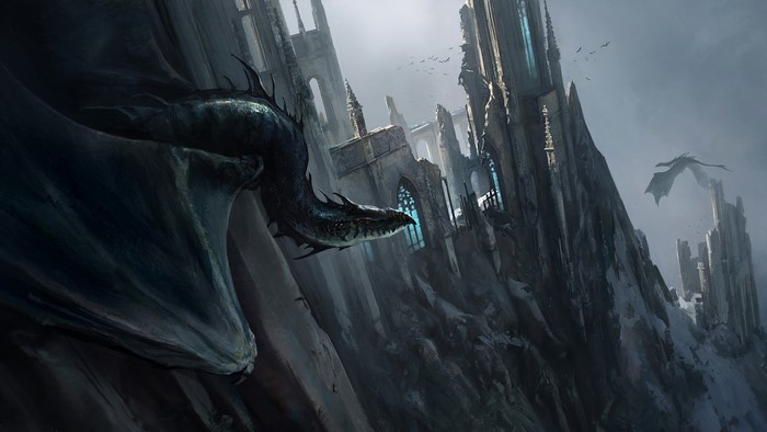Dragons flying near ruined gothic castle