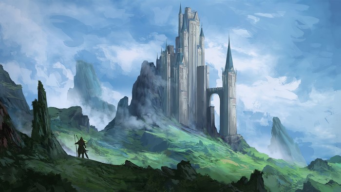 Fantasy castle on a mountain with a lone archer