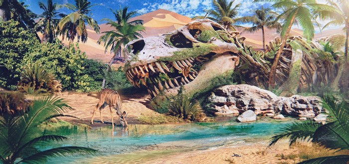 Dinosaur skeleton in a desert oasis with a deer