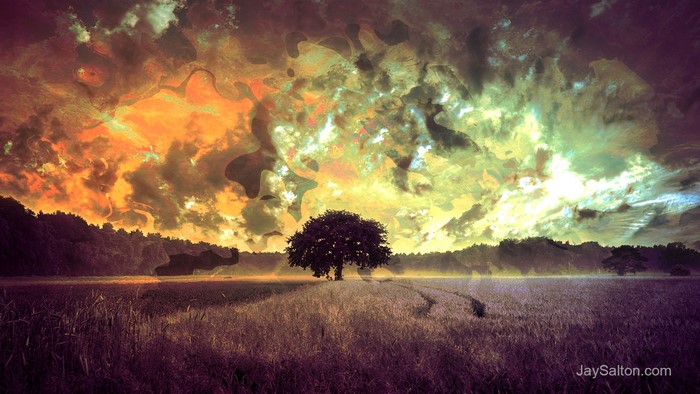 Surreal psychedelic landscape with a lone tree in a field