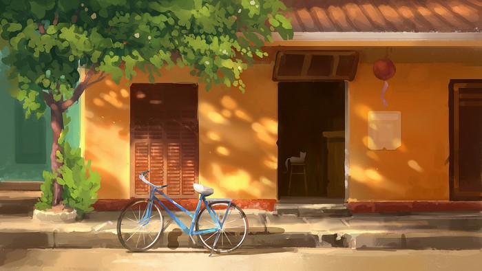 Digital painting of a bicycle parked outside a building