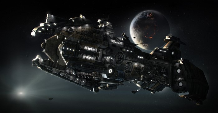 Massive spaceship in orbit around a damaged planet