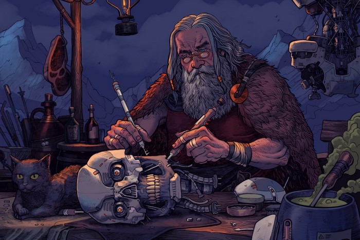 Man working on a robot skull with a cat
