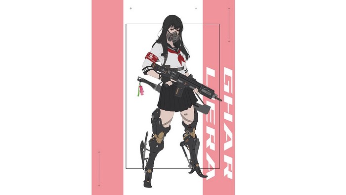 Anime girl with gas mask and machine gun