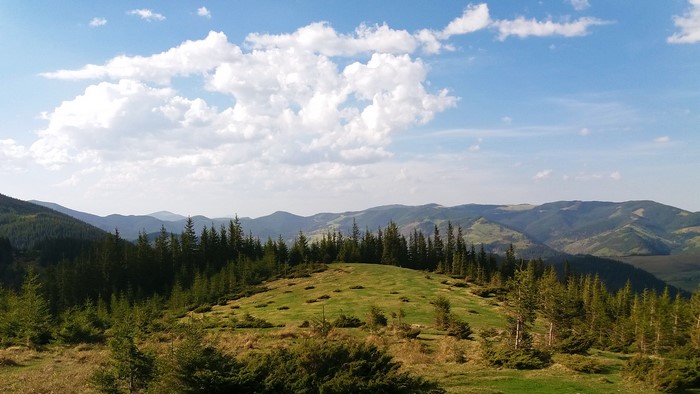 Mountain landscape with green fields and forests under a cloudy sky