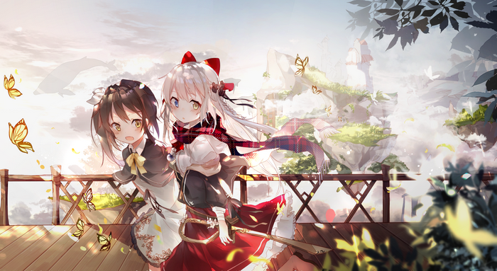 Two anime girls with butterflies and floating islands