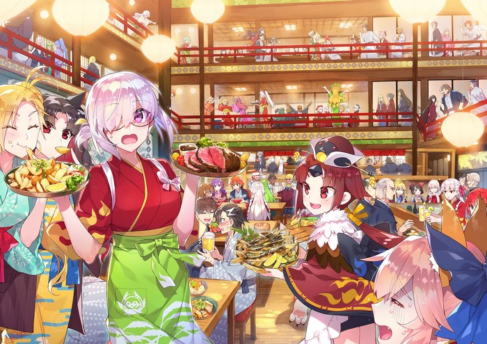 Anime characters celebrating at a Japanese restaurant