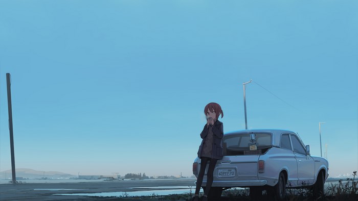 Anime girl drinking tea by a Datsun car