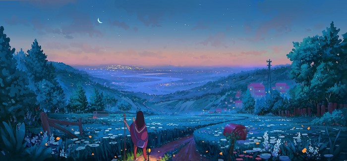 Girl with lantern walking through a field at sunset