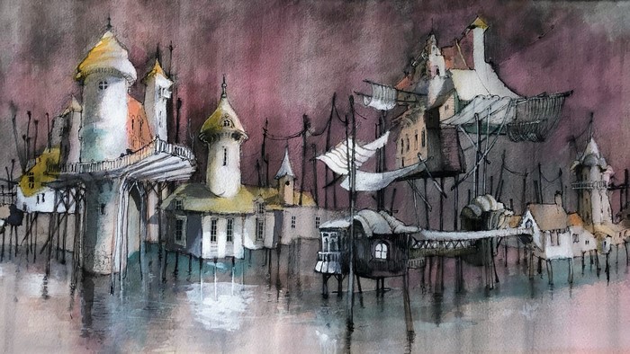 Whimsical stilt city illustration with towers and bridges