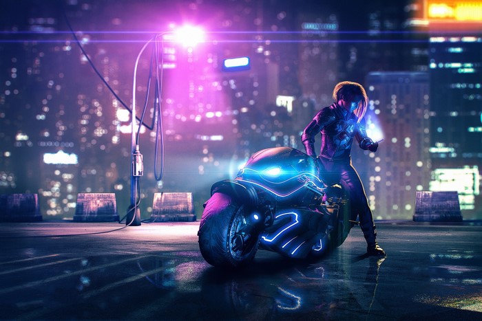 Cyberpunk character with futuristic motorcycle in neon city