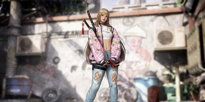 Anime girl with pink jacket and swords