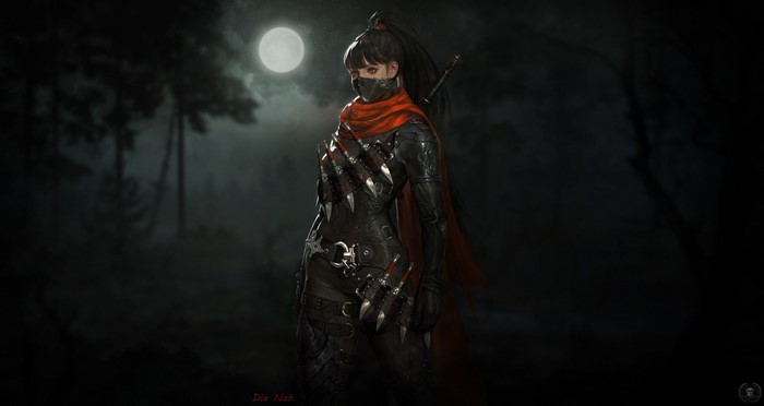 Assassin girl with red scarf in moonlit forest