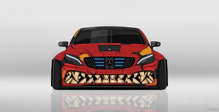 Artwork of a red Mercedes-Benz car with monster teeth