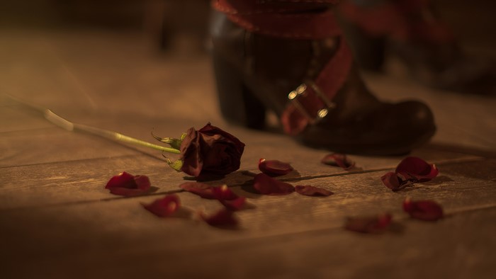 Triss Merigold's boot with a wilting rose and petals