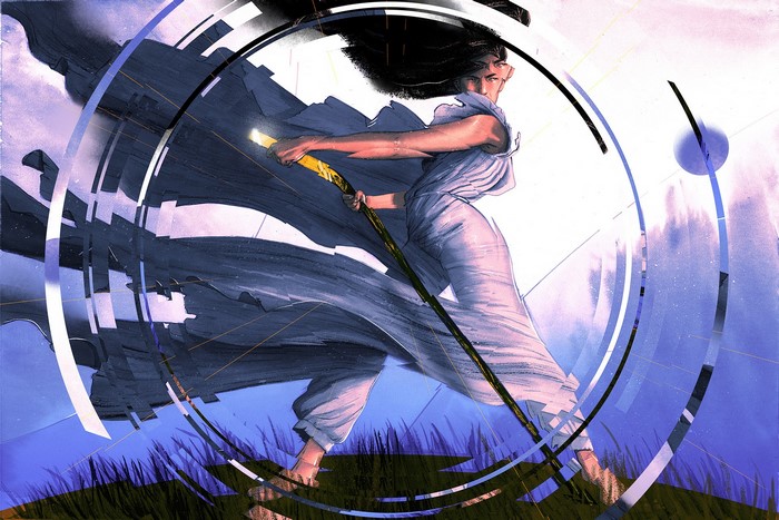 Woman with a glowing staff in a digital art style